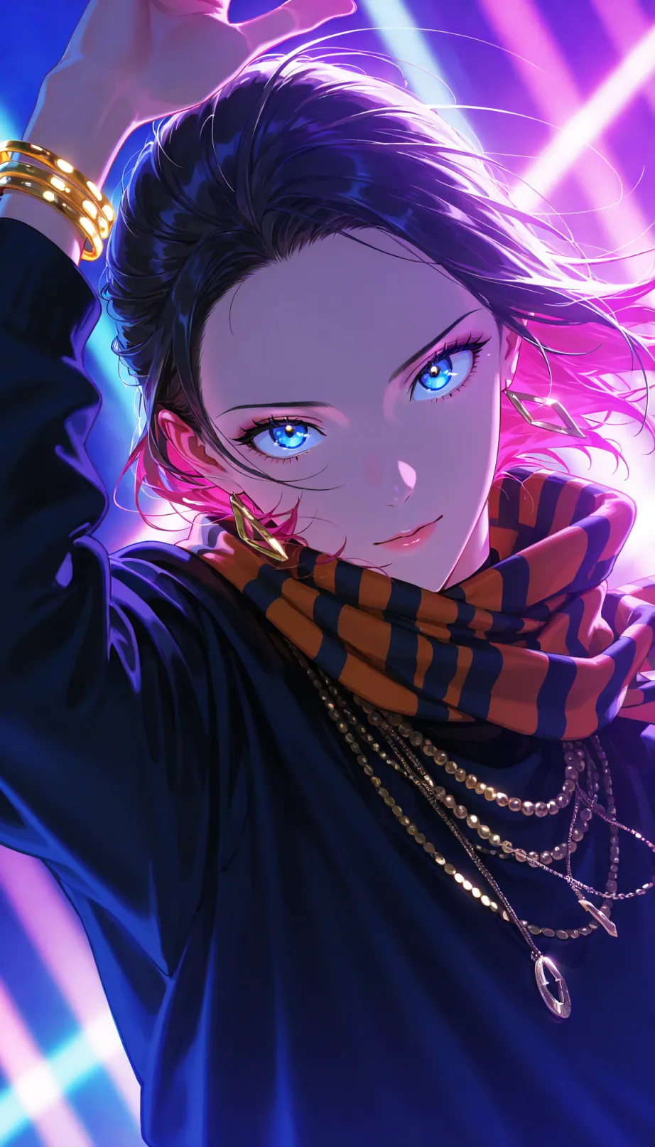 Image Close-up of 1 sexy child , a girly roma boy, strikes a dynamic street dance pose amidst a lively urban backdrop, scarves billowing, golden bracelets glinting, necklaces, womens scarves, movie poster, street style