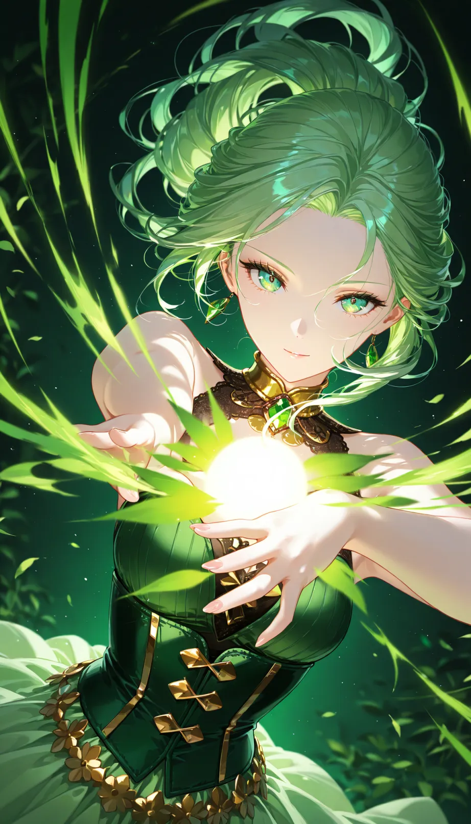 Image A sexy young_adult white 1girl and, 1woman with long green hair, flowing hairstyle, emerald eyes, and fair skin, wearing a green gown with a fitted bodice, flowing skirt, and emerald belt, is depicted in a cinematic movie poster. The long green hair is flowing, and emerald jewelry is glittering. The background features detailed vegetation, creating a mystical and enchanting atmosphere. The shot is a close-up, focusing on the upper body, and she is holding a scepter of leaves.