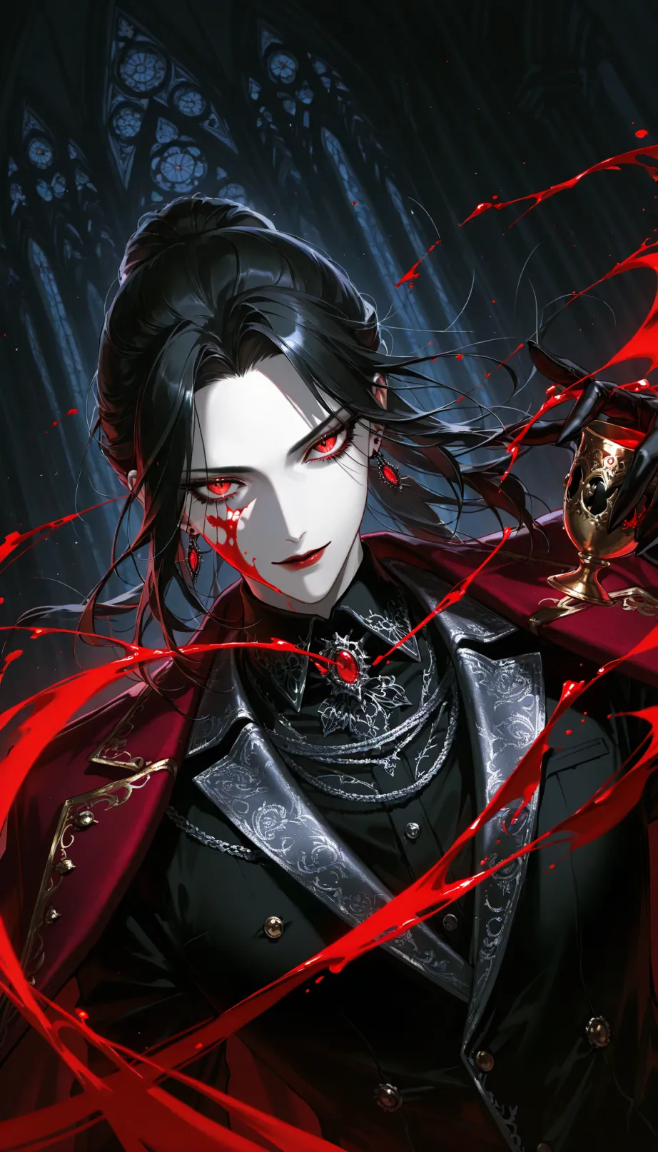 Image A sexy mid_adult white man with shoulder-length black hair styled back, pale skin, sharp features, and piercing red eyes, wearing a Victorian-era dark red velvet coat with intricate silver embroidery and a black high-collared shirt, striking a cunning pose within the dimly lit, opulent halls of the House of Sanguinean with elaborate gothic architecture, holding an ornate, blood-filled goblet, dramatic interplay of shadows and light, movie poster, close-up.