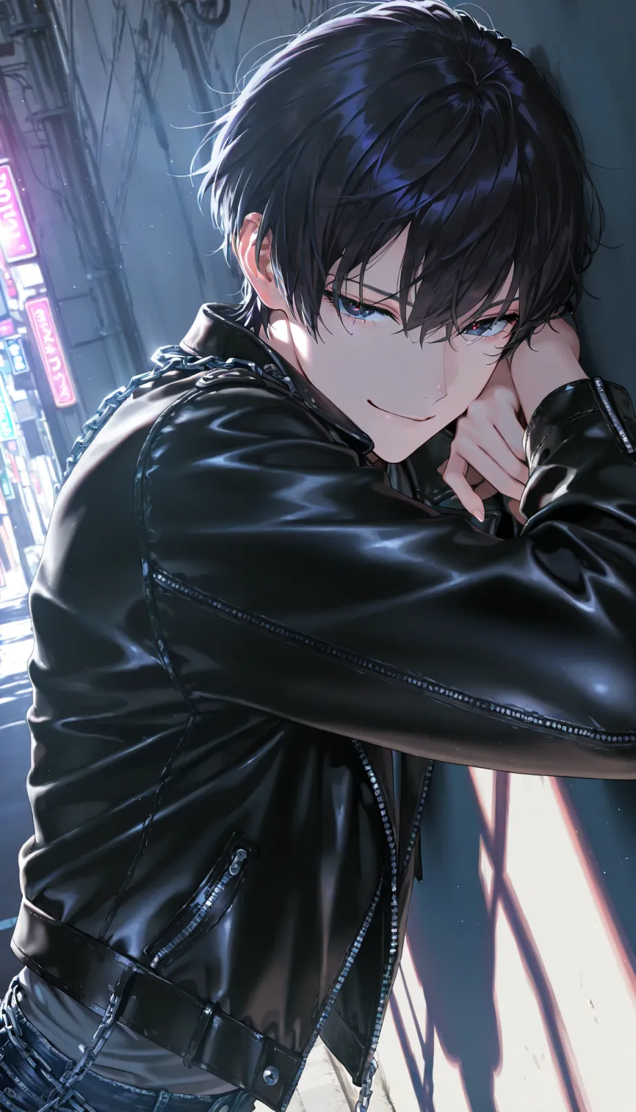 Image male, young adult, short hair, dark eyes, fair skin, athletic build, leather jacket, ripped jeans, silver chain, smirk, looking away, leaning against wall, sunlight, daytime, urban street, masterpiece, best quality, detailed