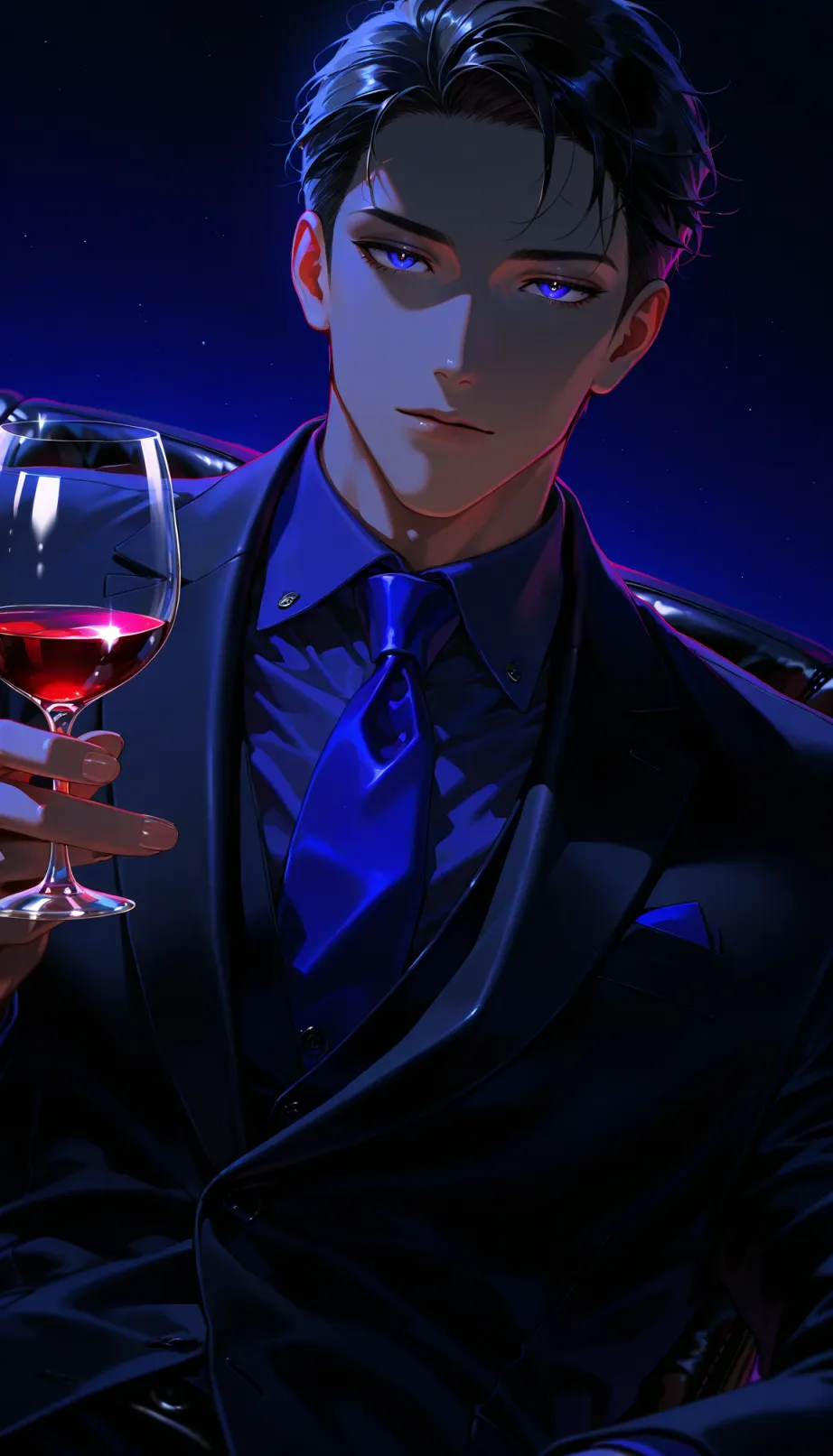 Image male, young_adult, black hair, indifferent gaze, fair skin, muscular build, business suit, dark color scheme, necktie, holding a glass of wine, sitting on a leather chair, night, dimly lit, luxury penthouse, masterpiece, best quality, detailed, seductive, tempting, alluring