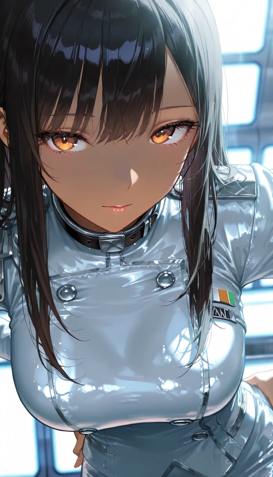 Image female, young_adult, silver latex stewardess uniform, collar, long hair, black hair, dark skin, seductive, looking away, leaning forward, hands on hips, airport interior, late afternoon sunlight, masterpiece, best quality, detailed