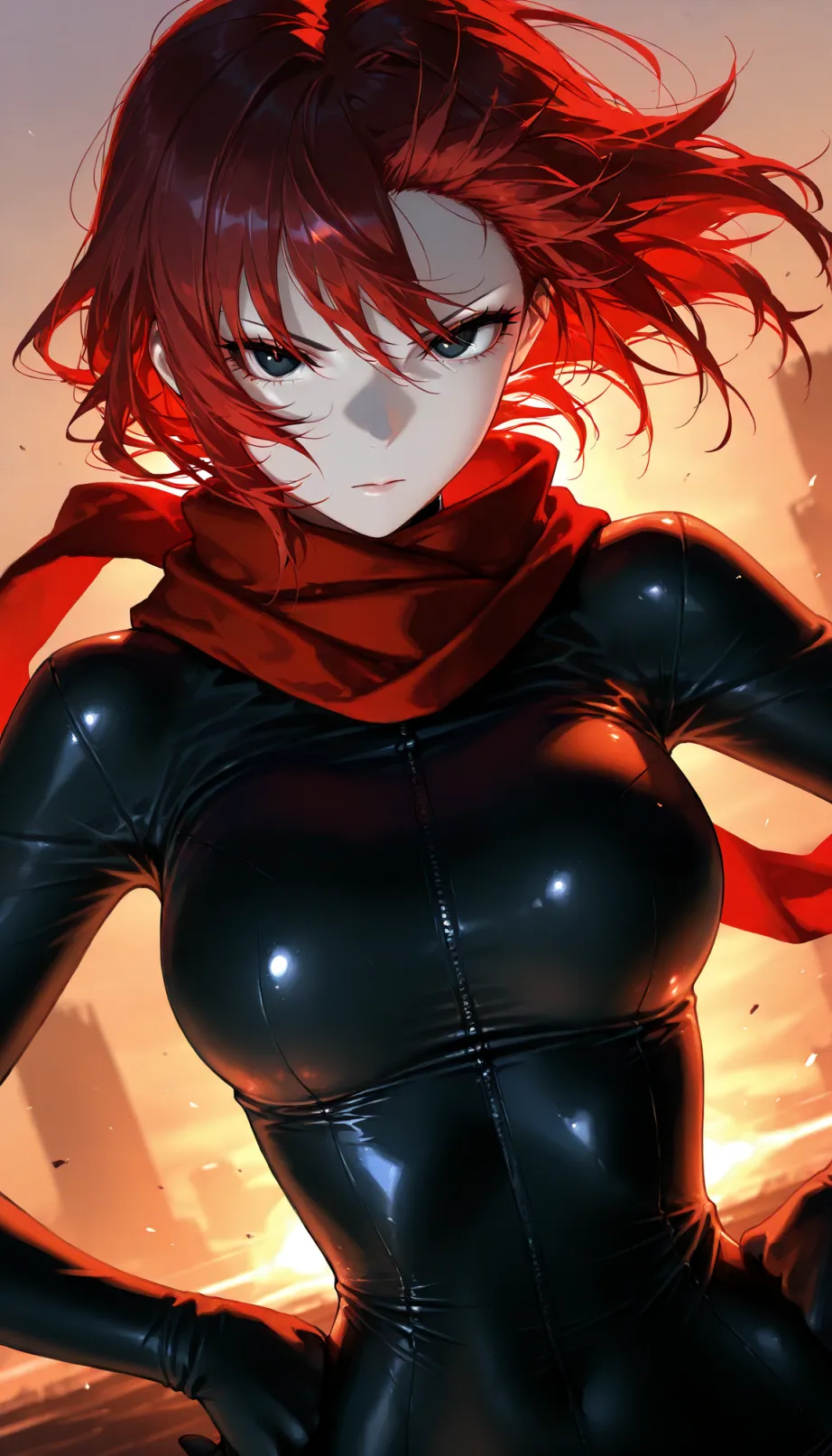 Image female, teen, red hair, black eyes, pale skin, athletic body, tight outfit, red scarf, serious face, looking away, hands on hips, dynamic pose, intense battlefield, dramatic lighting, dusk, detailed, masterpiece, best quality