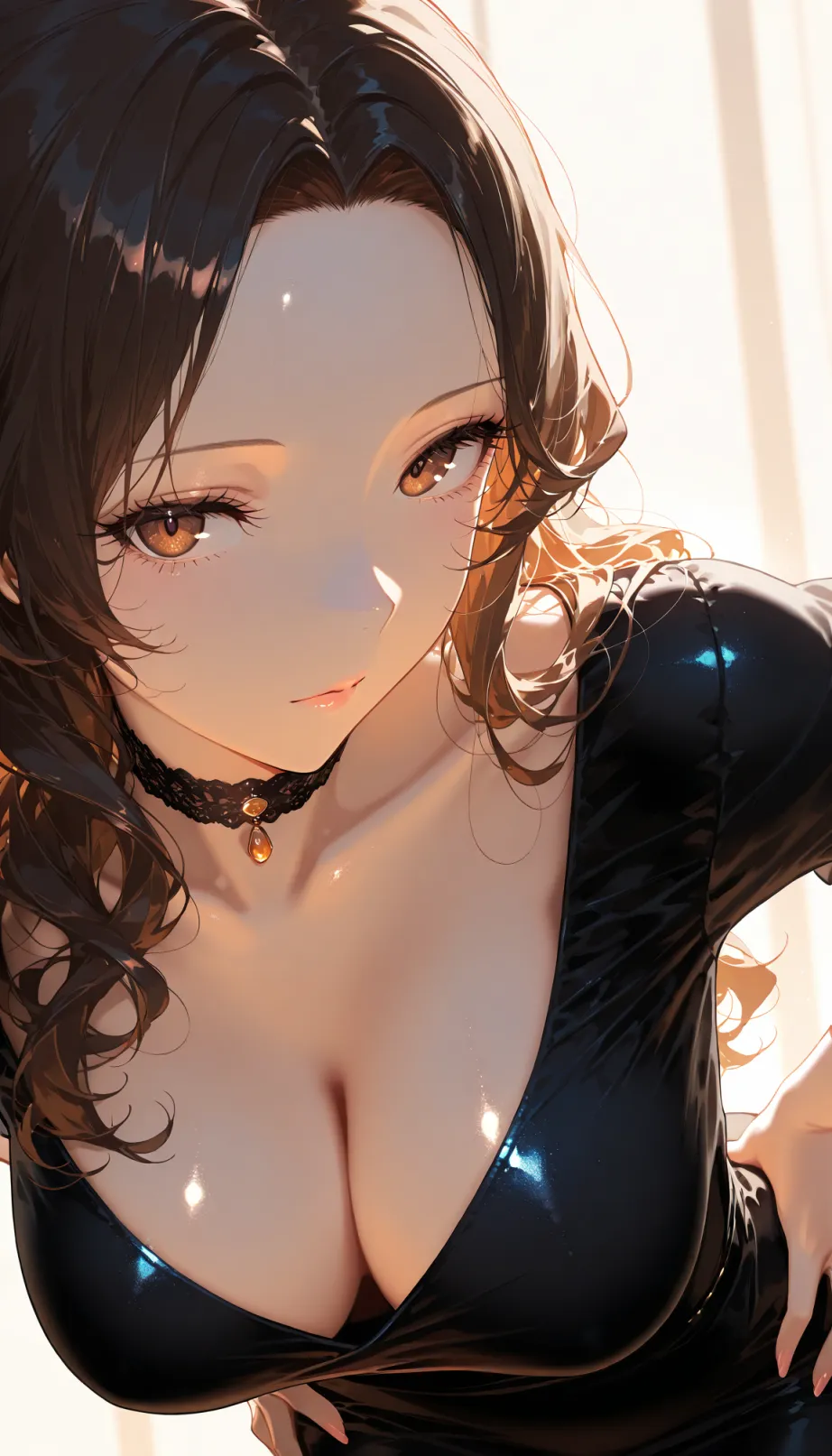 Image female, young_adult, long hair, wavy hair, brown eyes, fair skin, hourglass figure, tight dress, black dress, choker, seductive, looking away, leaning forward, hands on hips, indoor, soft lighting, detailed, masterpiece, best quality
