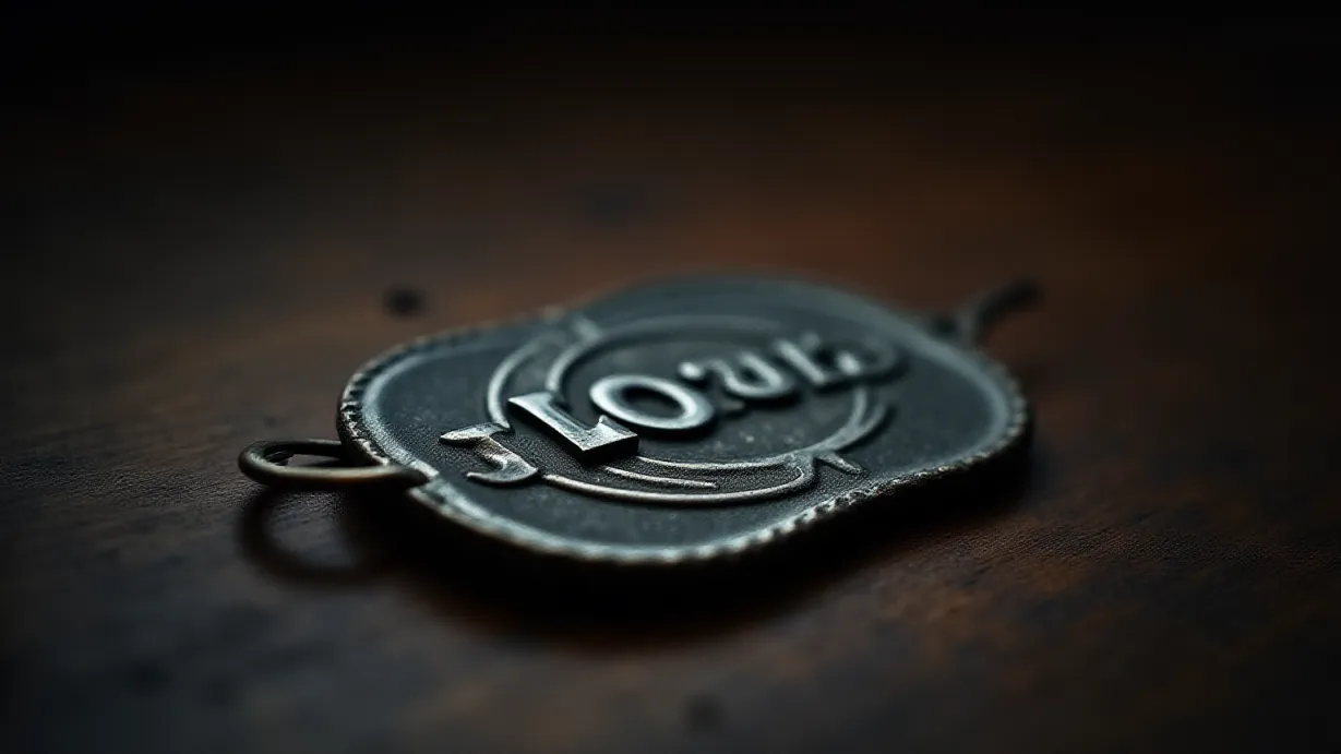 Image a balanced composition image of ,A worn, metal badge, reflecting the dim light, lies on a rough, wooden surface. ,interior,in the day