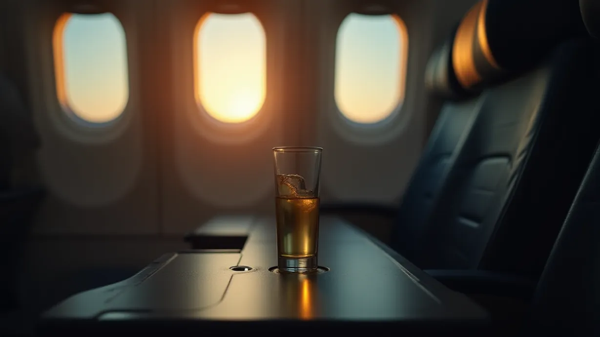 Image a balanced composition image of ,Inside the airplane. A glass stands on the tray table, reflecting the soft interior lights. ,interior,in the day