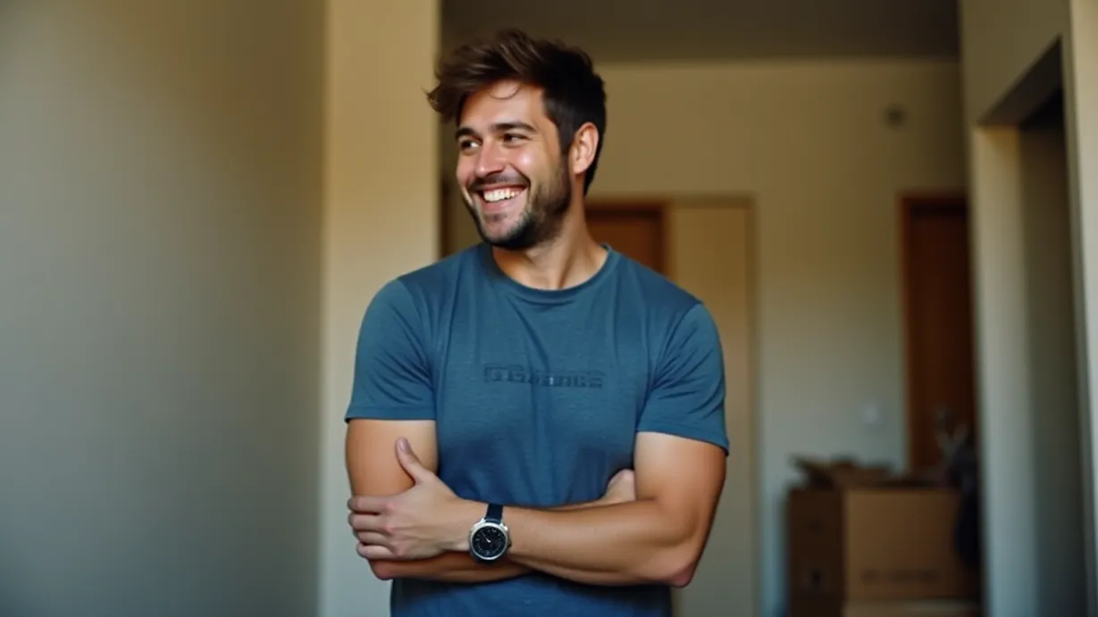 Image a balanced composition image of ,A close-up shot. A 25-year-old man with short, brown, messy hair, a casual look, and a slightly overweight build is smiling, his expression filled with joy. He is wearing a blue graphic t-shirt, black jeans, and a simple silver watch. The setting is the room where they are packing.,interior,in the day