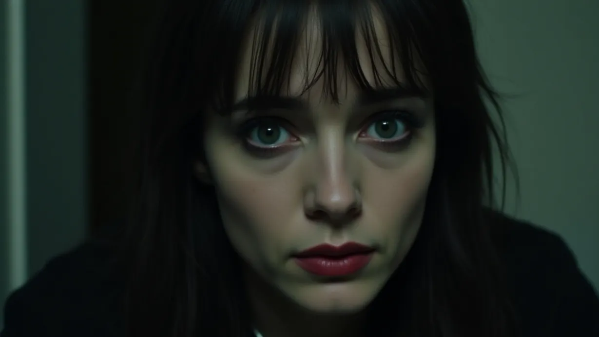 Image a center composition image of ,A close-up shot focusing on the character. Their cold, piercing eyes stare directly at the viewer. The frame captures them from above the shoulders. Their clothing is not described.,interior,in the day
