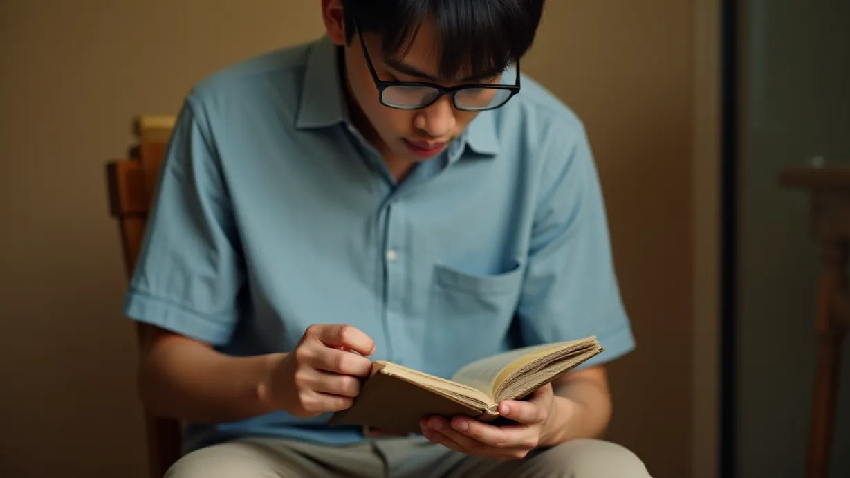 Image a center composition image of ,1 sexy young_adult white 1boy and 1boy, short dark brown hair, gentle face, wearing glasses, slightly thin build, calm expression, light blue collared shirt, khaki pants, brown belt, hands gently holding a book, khaki pants, relaxed posture, sitting on a wooden chair, brown leather shoes, visible ankles. His fingers meticulously flip through the pages, highlighting headings and subheadings with precision, within the interior kitchen. His focused eyes and steady hands reveal his organized thoughts. The scene is a clean single shot, with only the character appearing.,interior,in the day