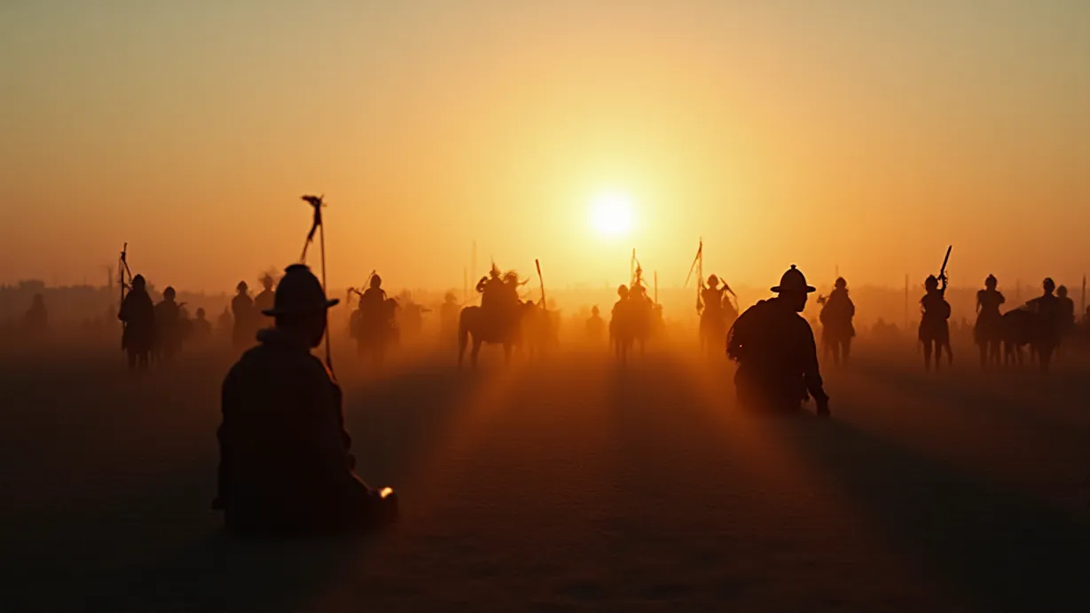 Image a balanced composition image of ,The setting sun casts long shadows across the deserted battlefield, illuminating the scattered remnants of war, weapons, and armor.,exterior,in the sunset