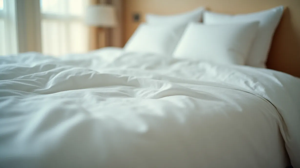 Image a center composition image of ,A close-up shot focuses on the edge of a bed. A white sheet hangs from the bed, with its texture and draping emphasized. The frame is centered on the beds edge.,interior,in the day