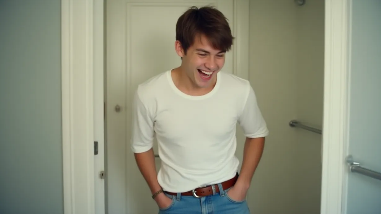 Image a balanced composition image of ,A sexy young_adult white 1boy and,1man, short brown hair, casual hairstyle, athletic build, slightly slouched posture, white t-shirt, blue jeans, blue jeans, brown leather belt, silver buckle is laughing uncontrollably, his shoulders shaking with mirth. His eyes are crinkled at the corners, in a well-lit bathroom.,interior,in the day
