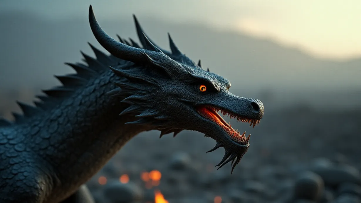 Image a balanced composition image of ,A close-up shot focuses on the scales of the dragon, each one meticulously crafted and reflecting light, against the backdrop of a desolate, ash-covered landscape.,exterior,in the day