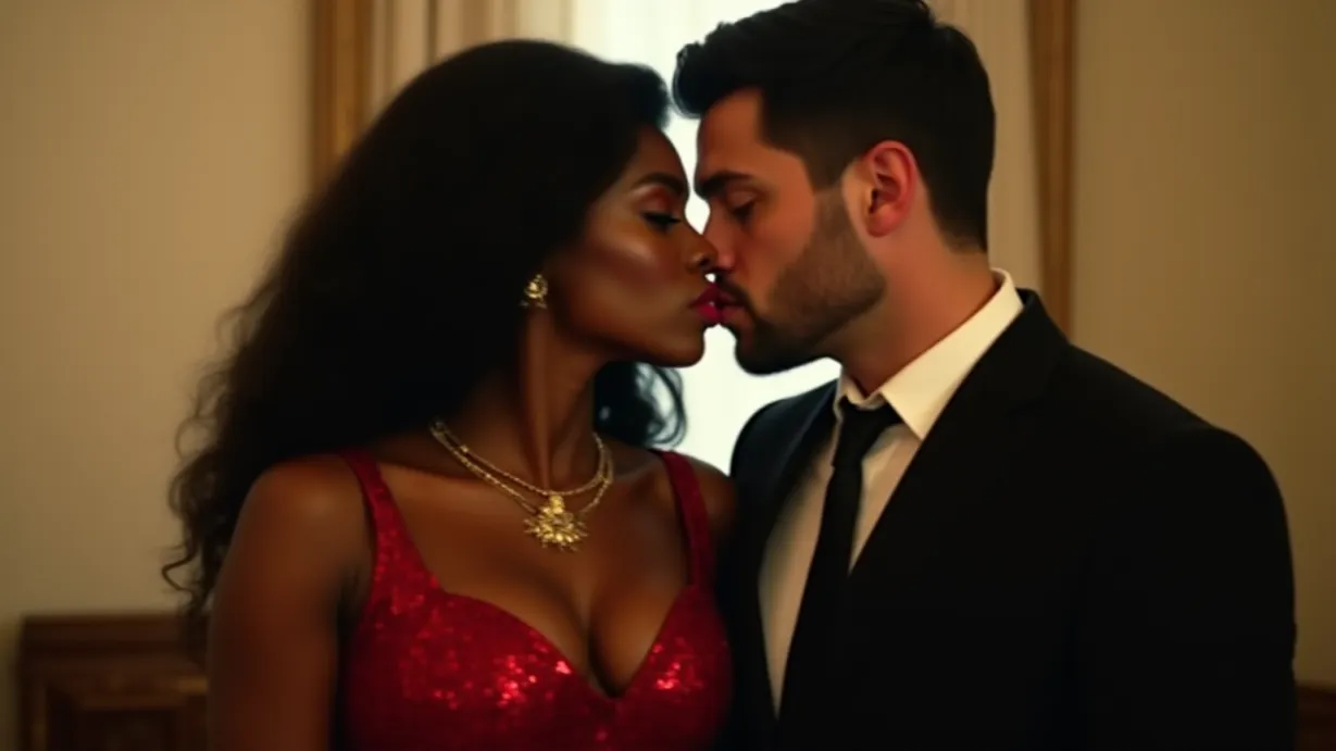 Image a center composition image of ,A sexy young_adult woman, long wavy black hair, dark skin, full red lips, curvy figure, in a red sequin dress, tight, cleavage, elegant jewelry, leans in, their lips meeting in a deep, passionate kiss, in a room filled with bright light. A sexy mid-adult white man, executive, short neat black hair, confident gaze, in an expensive black tailored suit, silk tie, gold watch.,interior,in the day