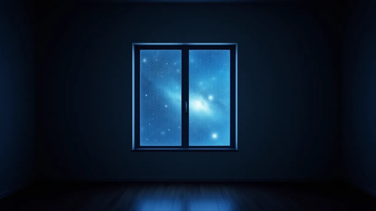 Image a center composition image of ,A window frames the cosmos, revealing a panoramic view of stars, galaxies, universes, and planets.,interior,in the night