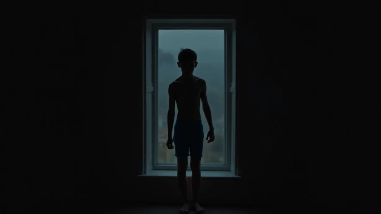 Image a center composition image of ,A boys silhouette stands in the rectangular window frame, his form a dark outline against the dim interior, while the surrounding environment remains in shadow. He is a sexy young adult white boy and man, with short dark brown hair, athletic build, and a concerned expression. He wears a white t-shirt and blue swim trunks, with bare legs and barefoot.,exterior,in the night