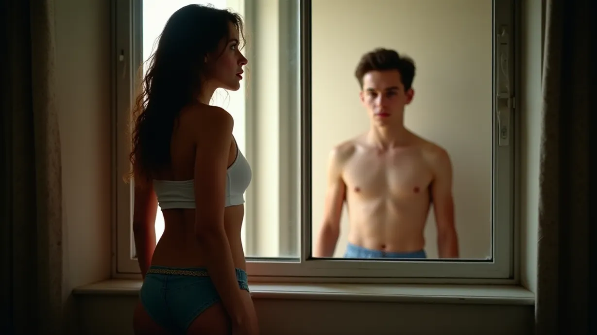 Image a balanced composition image of ,A sexy young_adult white 1girl and 1woman with long wavy brown hair, athletic build, freckles perches on the windowsill, her silhouette framed against the interior. Through the window, a sexy young_adult white 1boy and 1man with short dark brown hair, athletic build, concerned expression is visible. She wears high-waisted denim shorts and a thin gold chain belt, while he wears a white t-shirt and blue swim trunks.,interior,in the day