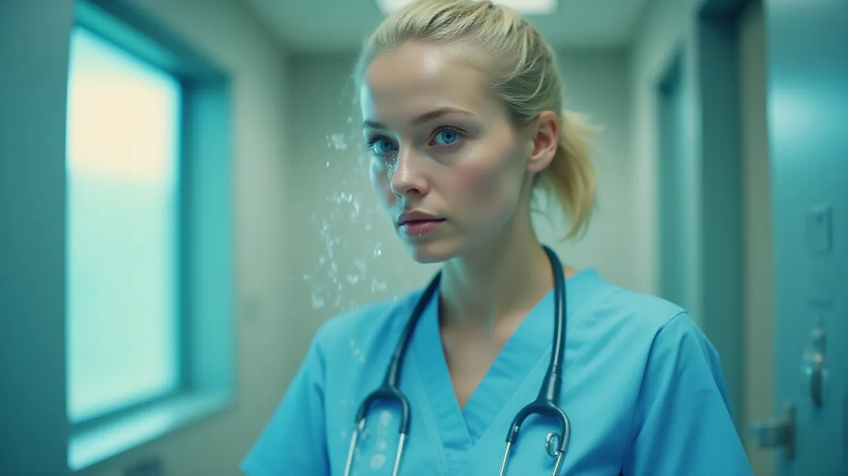 Image a center composition image of ,A sexy young_adult white 1girl, 1woman, with short blonde hair in a ponytail, blue eyes, and fair skin, wearing a light blue nurse uniform and a stethoscope. She is splashing water onto her face in a hospital restroom, her bright blue eyes catching the light. The scene is a close-up, focusing on her face and upper body.,interior,in the day