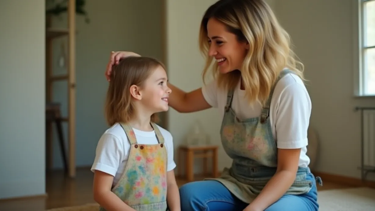 Image a center composition image of ,A center film shot featuring 1 sexy mid_adult white 1girl. She is a woman with shoulder-length blonde wavy hair, kind eyes, and a warm smile. She wears a casual white t-shirt, blue jeans, and a painters apron covered in colorful splatters. The woman gently strokes the childs hair, her expression soft. The scene takes place in a room.,interior,in the day