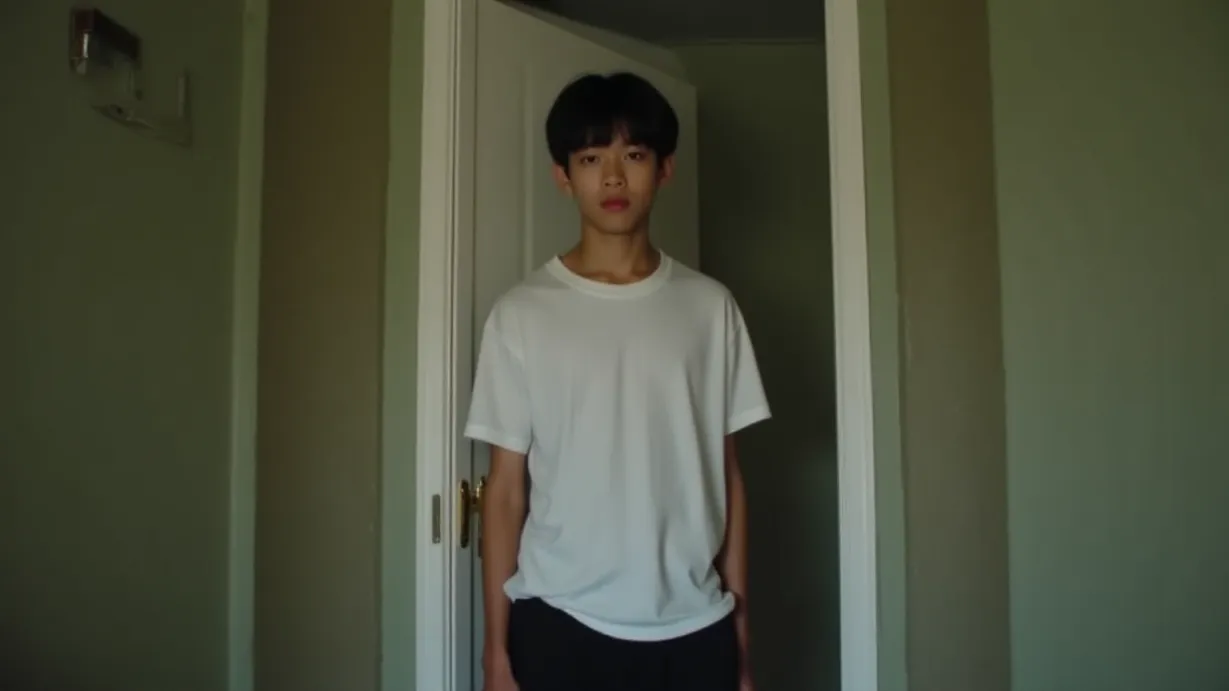 Image a center composition image of ,A sexy young_adult asian 1boy stands in the doorway. short black hair, serious eyes, slender build, He wears a white t-shirt and black sweatpants. His gaze is fixed on the protagonist, with a concerned expression on his face. The absence of his wig makes his features more visible. center shot.,interior,in the day