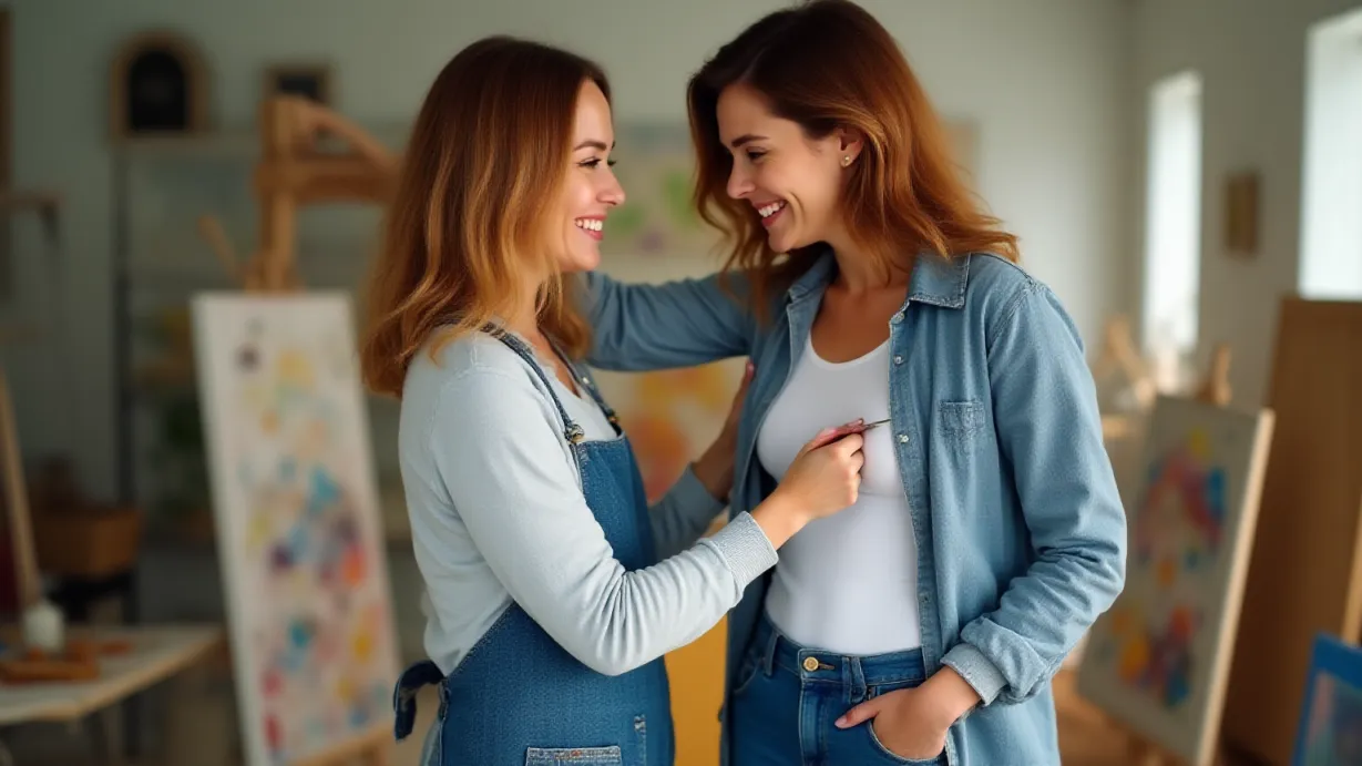 Image a center composition image of ,A center film shot features two women. One woman, a mid-adult with shoulder-length auburn hair styled in gentle waves, kind eyes, and a warm smile, is adjusting a cardigan around the shoulders of the other woman. This second woman, also a mid-adult, has shoulder-length blonde wavy hair, kind eyes, and a warm smile. She is wearing a casual white t-shirt and blue jeans, and an painters apron covered in colorful splatters. The background is an art studio. The scene is a close-up, focusing on the two women. The mid-adult woman with auburn hair is wearing a floral print apron, light blue long-sleeve shirt, denim jeans, and house slippers. The mid-adult woman with blonde hair is wearing blue jeans, comfortable sneakers.,interior,in the day