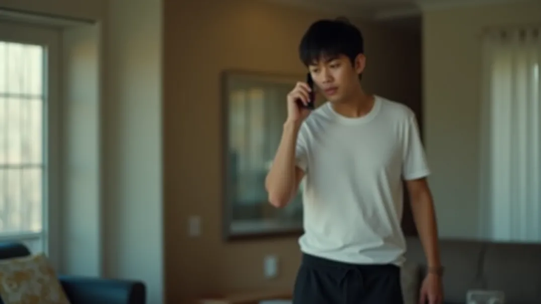 ชายหนุ่มชาวเอเชียที่จริงจังในห้องนั่งเล่น