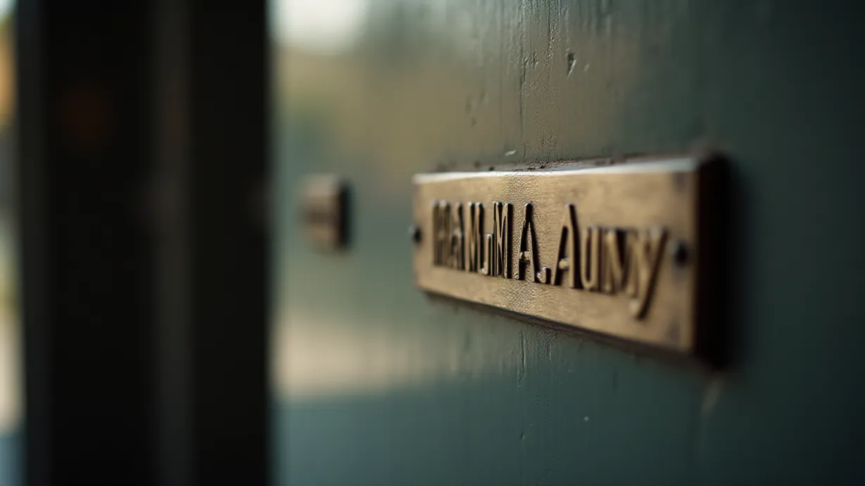 Image a balanced composition image of ,The camera focuses on the polished surface of a nameplate, its metal reflecting the soft light of the Indian Military Academy. Engraved on the plate are the words, IMA.,interior,in the day