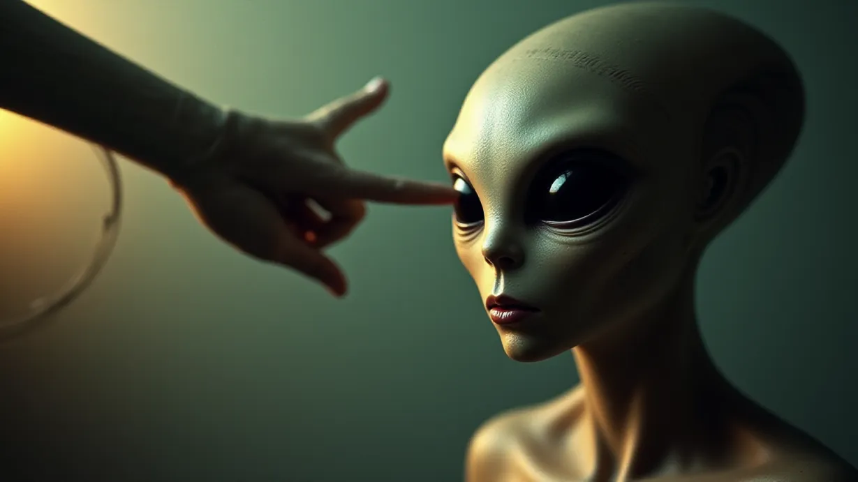 Image a center composition image of ,The long arm of the alien extends, its slender fingers gently touching the center of the forehead.,interior,in the day