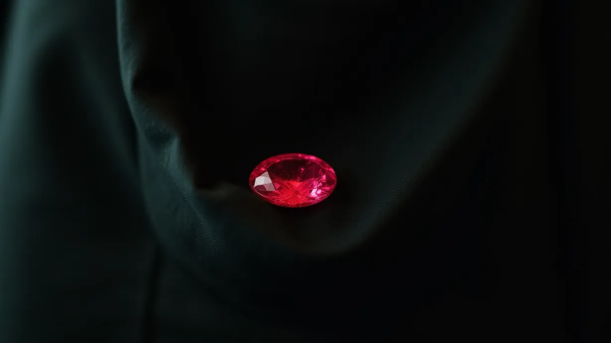 Image a center composition image of ,A red emerald, in close-up, is held in a pocket, surrounded by the dark fabric of clothing.,interior,in the day