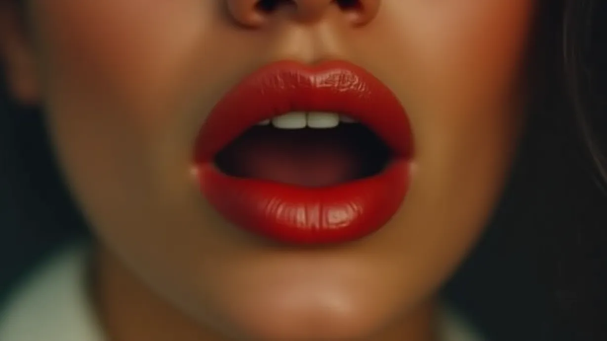 Image a center composition image of ,A pair of lips are gently biting a lower lip, showing a slight tension, in a close-up shot.,interior,in the day