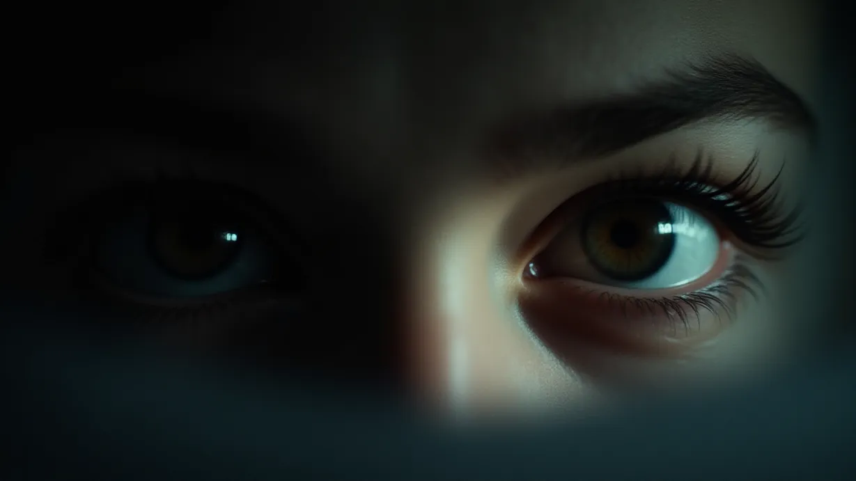 Image a balanced composition image of ,A pair of eyes, cold and distant, focused directly ahead, reflecting the faint light.,interior,in the day