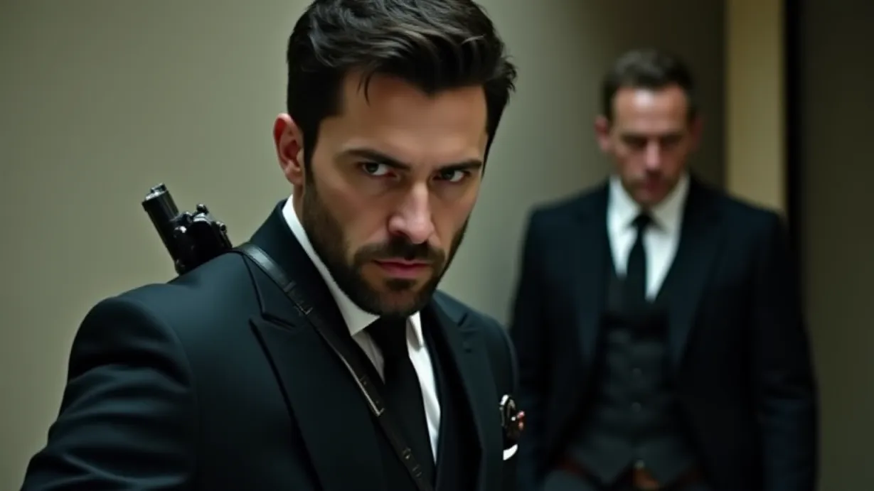 Image a balanced composition image of ,A sexy mid_adult white 1boy and, 1man, with short dark hair and a slightly receding hairline, locks his intense gaze. He has a well-groomed beard and is dressed in an expensive black suit, a white dress shirt, and a dark tie. A shoulder holster is visible. He is holding a pistol. Another 1man, wearing a dark suit, leather belt, and polished black shoes, exudes a menacing aura. The urban setting provides a city backdrop. The mid_adult white 1boy and, 1mans face is tense, his eyes darting around, and his expression reveals unease. The scene is set in a new apartment.,interior,in the day