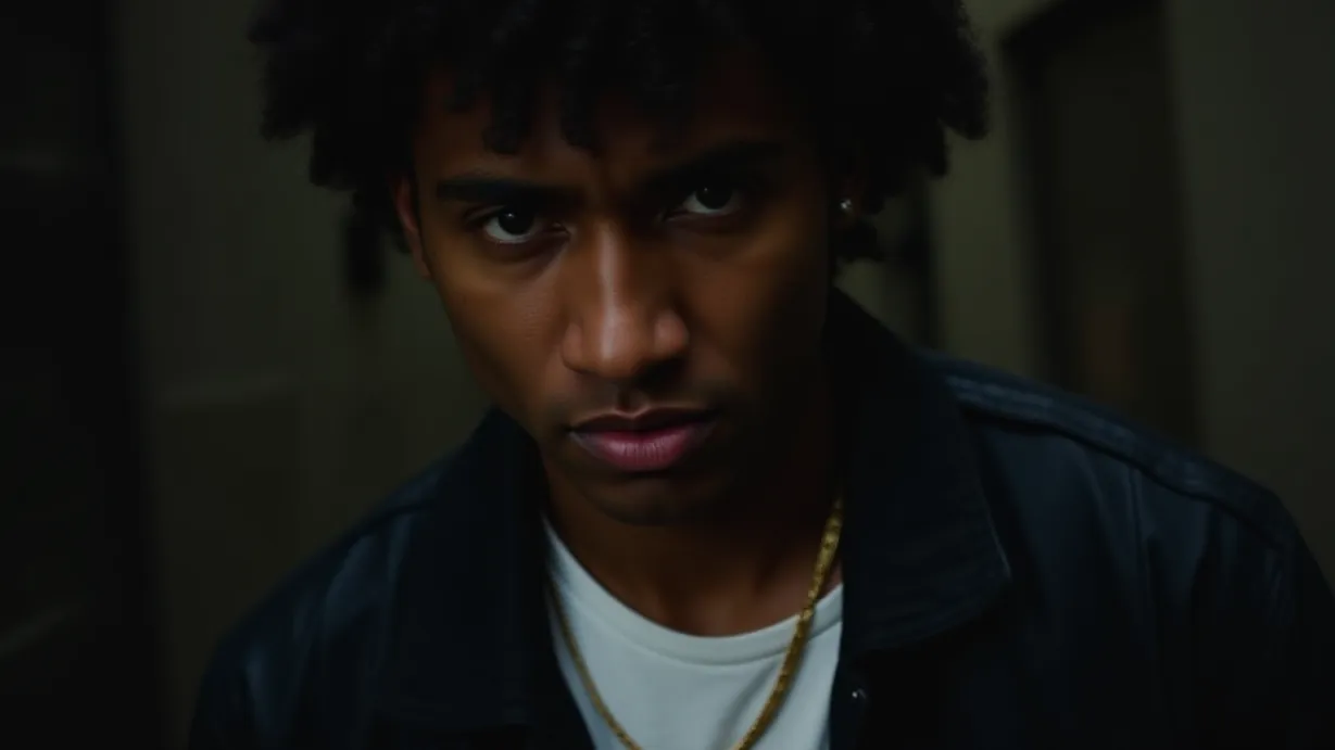 Image a left_heavy composition image of ,A close-up shot focuses on a young adult black mans face. He has dark brown short curly hair and a serious expression. His athletic build is visible. He wears a black leather jacket, a white t-shirt, and a gold chain necklace. The mans brow is furrowed, his gaze intense, and his lips are pressed into a thin line. The background is a dimly lit alleyway.,exterior,in the night