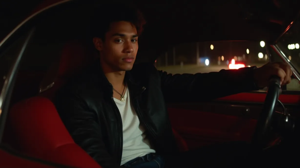Image a center composition image of ,1 sexy young_adult black 1boy with dark brown short curly hair, serious expression, athletic build, wearing a black leather jacket, a white t-shirt, and a gold chain necklace, is gripping the steering wheel, knuckles white, in the red Mustang, at a red light on the highway. He is wearing dark blue jeans, a black belt, and black sneakers.,exterior,in the night