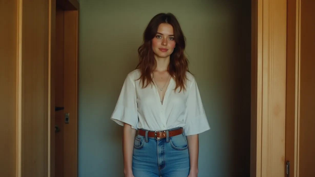 Image a center composition image of ,A sexy young_adult white 1girl and,1woman, appears in a medium shot, standing in a doorway. She has shoulder-length wavy brown hair and a gentle smile. Her light freckles and blue eyes are visible. She wears a simple white blouse, high-waisted denim jeans, a brown leather belt, a small silver necklace, and worn canvas sneakers. The cold floor under her feet is visible, with the wooden door frame and wall outlining the frames boundaries.,interior,in the day