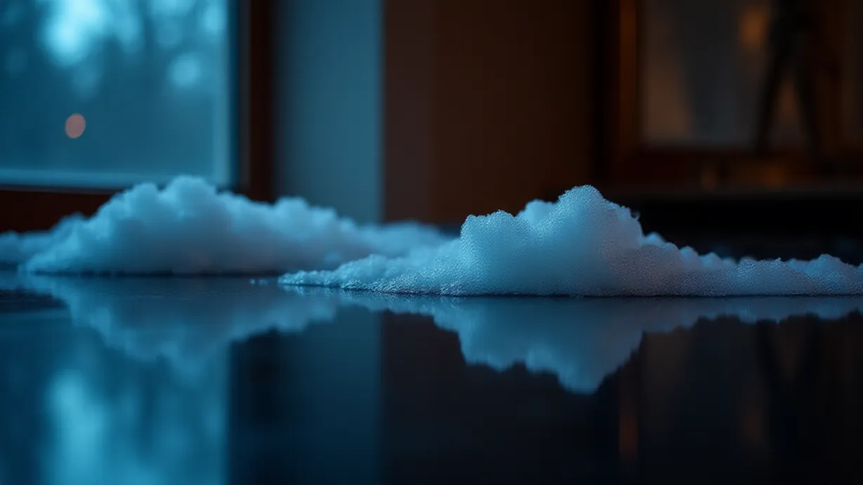 Image a balanced composition image of ,A cold, smooth, and gleaming surface reflects the surrounding environment, and a chilling aura permeates the scene.,interior,in the night