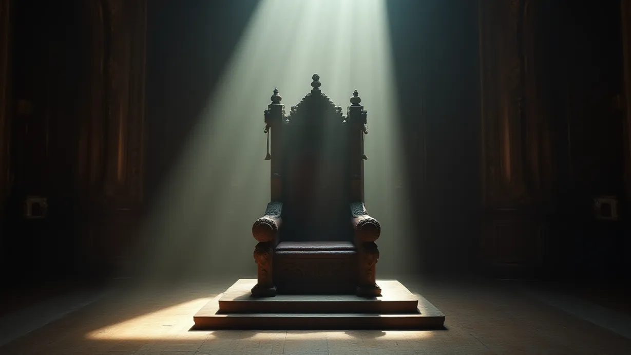Image a center composition image of ,The throne, with intricate carvings, stands in the center. The back of the throne rises, creating a strong visual impact.,interior,in the day