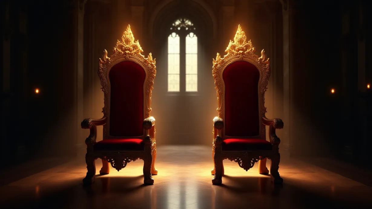 Image a symmetrical composition image of ,Symmetrical shot of a throne room. Two thrones gleam side by side, their intricate carvings illuminated. The unseen light highlights the details of the thrones. The scene is framed to emphasize the thrones arrangement.,interior,in the day