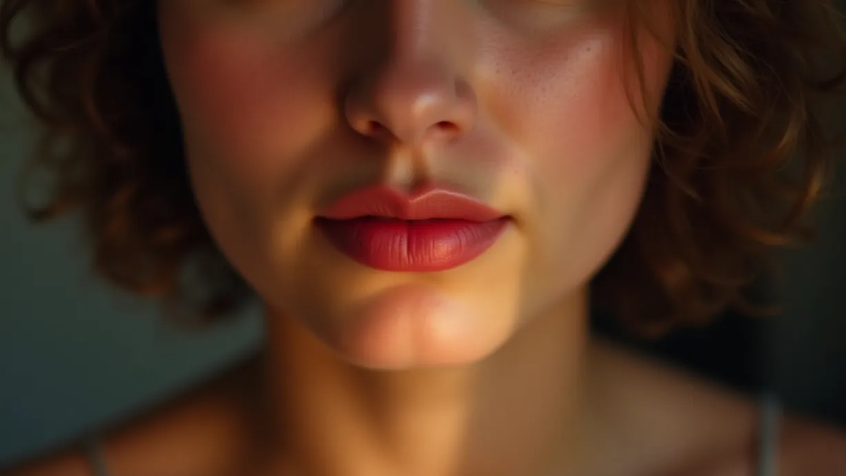Image a balanced composition image of ,In a close-up shot, soft light illuminates the face. The pink, plump lips are slightly parted.,interior,in the day