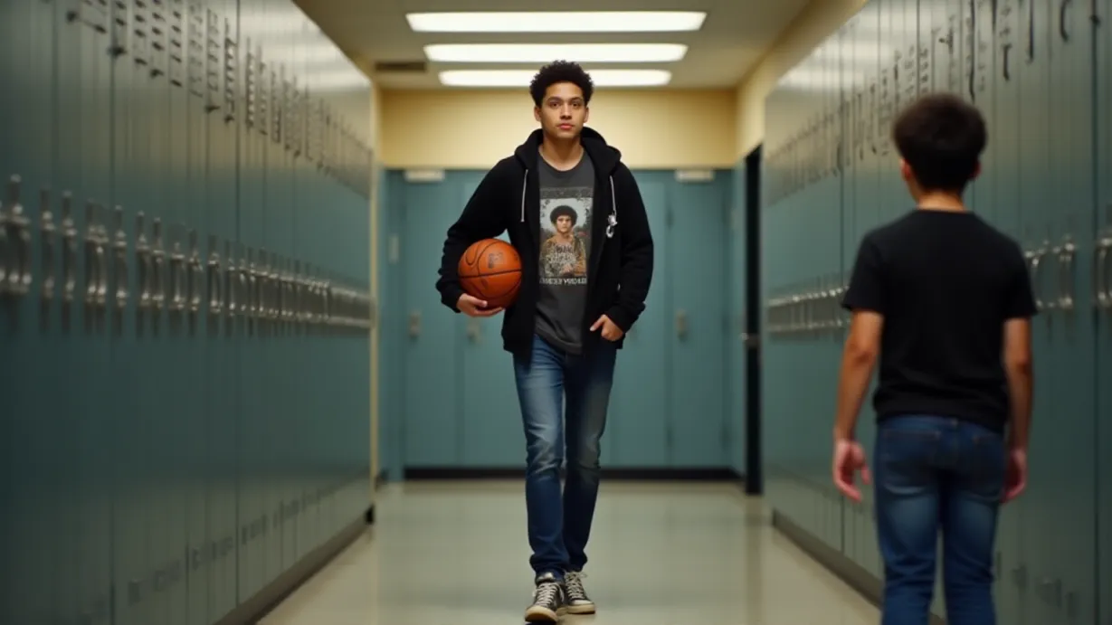 Image a balanced composition image of ,A 1boy, athletic build, short dark curly hair, brown eyes, serious expression, stands in the hallway, facing the lockers, his body slightly turned. He wears a stylish black hoodie, graphic t-shirt, dark blue jeans, and modern sneakers, holding a basketball. His eyes meet a tall boy with dark hair and blue eyes, who is wearing a black T-shirt and blue jeans, in the background.,interior,in the day