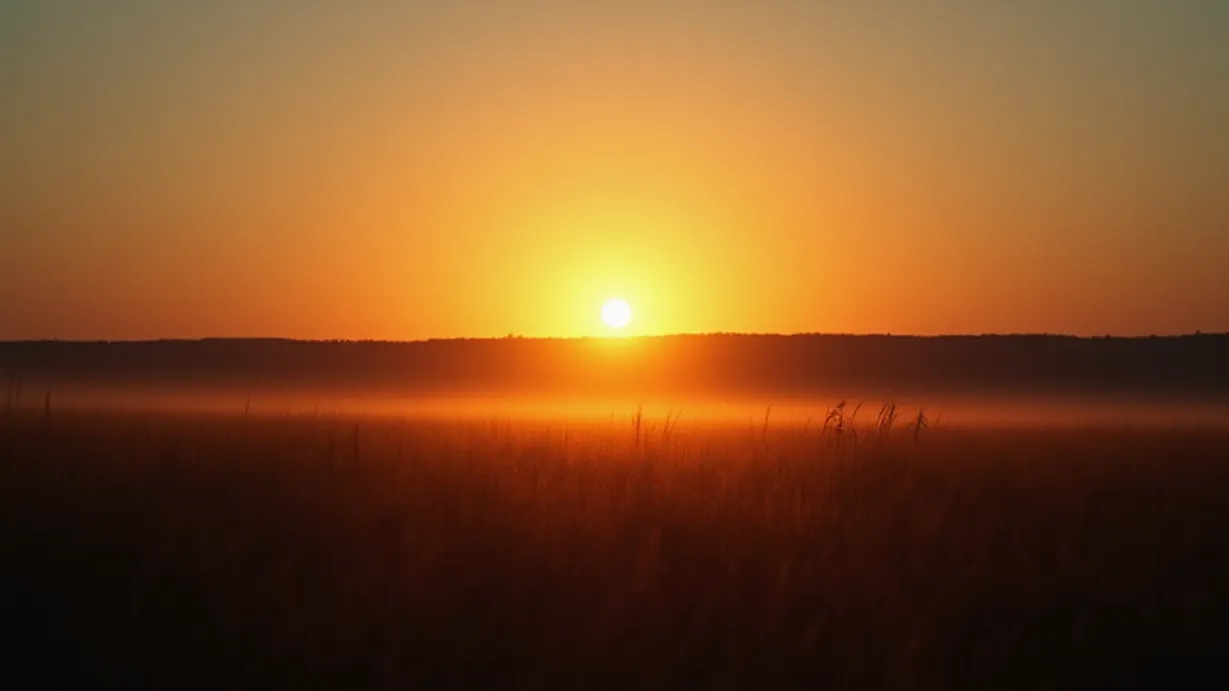 Image a balanced composition image of ,The soft glow of a setting sun bathes the horizon, casting long shadows that stretch across the serene landscape.,exterior,in the sunset