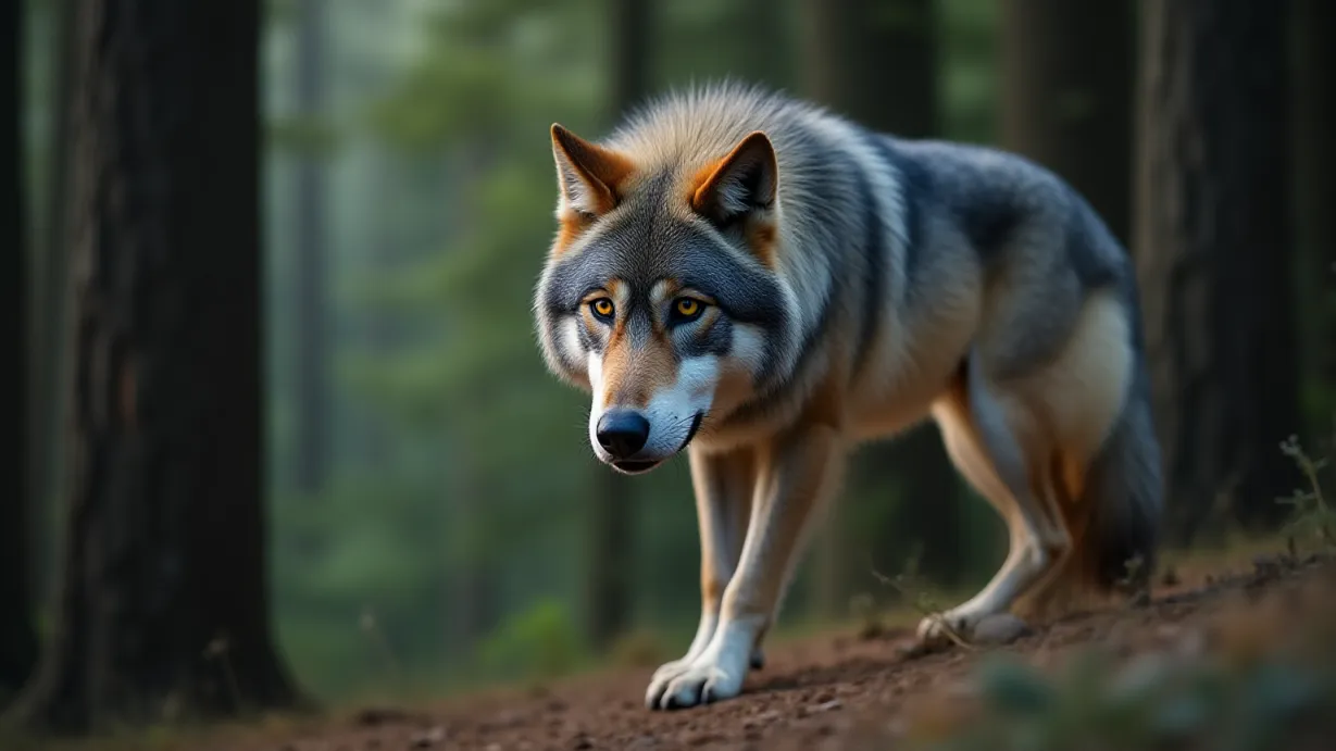 Image a center composition image of ,A male wolf, alpha, strong build, thick grey fur, piercing yellow eyes, stands on the edge of the trees, his eyes fixed on the distance, Redwood Valley backdrop, dominant stance, fur texture.,exterior,in the day