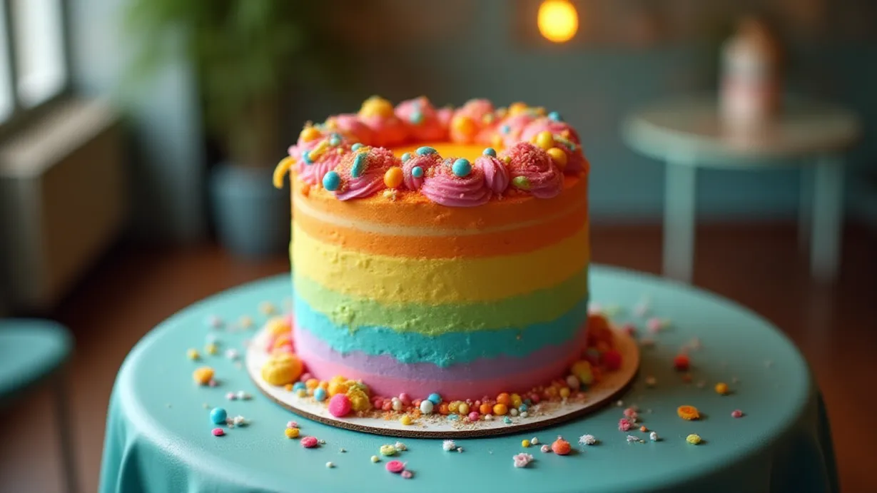 Image a center composition image of ,A colorful cake is placed on a round table. The cake has multiple layers, each adorned with vibrant frosting and various decorative elements.,interior,in the day