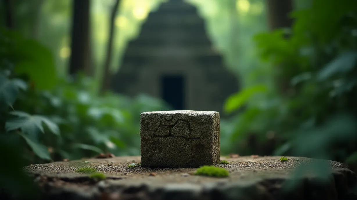Image a center composition image of ,A stone pedestal stands prominently, its surface textured and aged, with carvings that hint at a forgotten civilization. The shot focuses on the pedestal in the jungle.,exterior,in the day