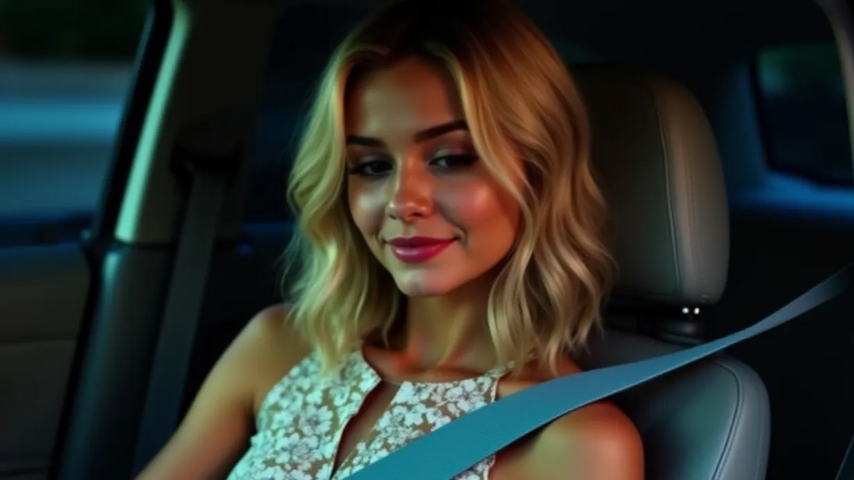 Image a balanced composition image of ,A sexy mid_adult white 1girl, fair skin, shoulder-length wavy blonde hair, gentle smile, serene expression, wearing a floral print dress, light blue fabric belt, slim build, is sitting in the enclosed space of a car, her gaze directed downwards towards the floor.,interior,in the night