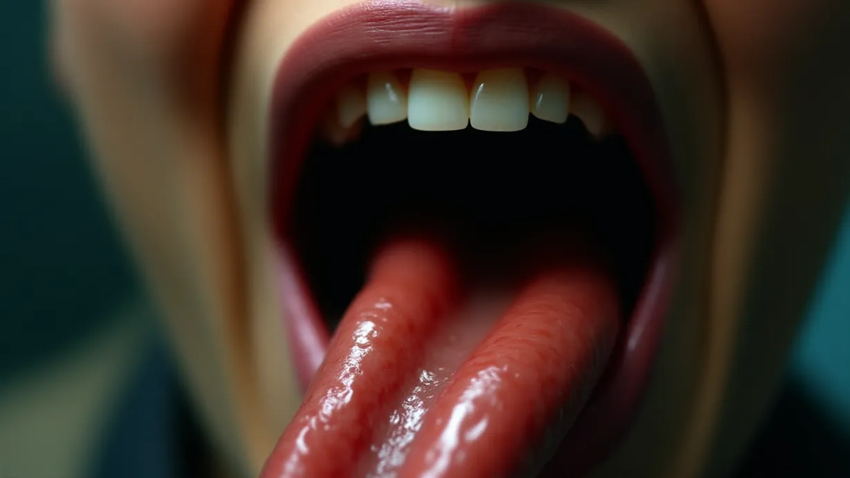 Image a center composition image of ,The interior of the mouth, with a long, glistening, and slimy tongue extending outward, filling the frame, showcasing a visceral texture.,interior,in the day