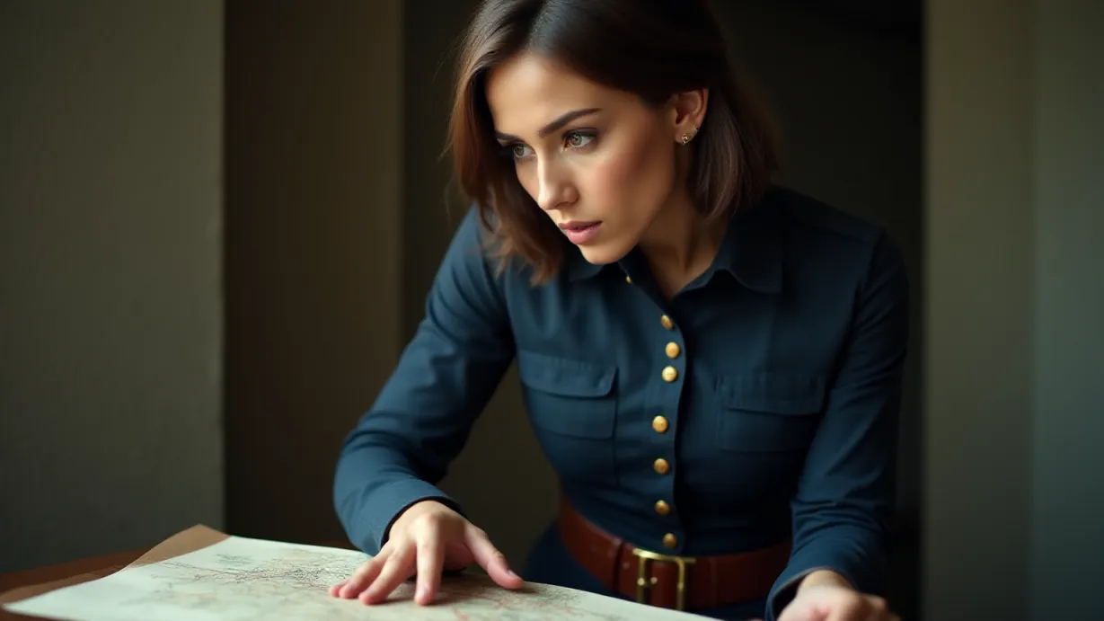 Image a balanced composition image of ,1 sexy young_adult white woman with hourglass figure and, a woman, muscular build, short brown hair, serious expression, wearing brown leather belt, guard uniform, dark blue, brass buttons. Her eyes, filled with determination, focus intently on the map, her finger tracing a small symbol.,interior,in the day