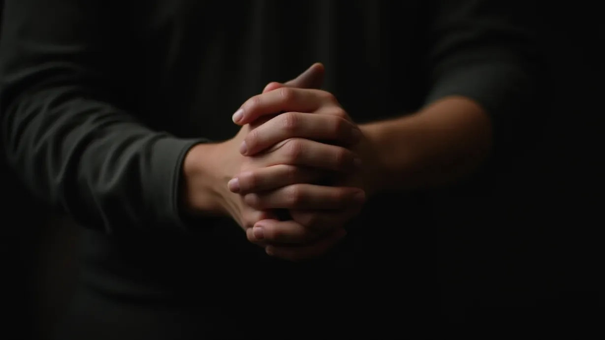 Image a center composition image of ,A pair of hands, intertwined, the fingers of each hand clasped tightly together.,interior,in the night
