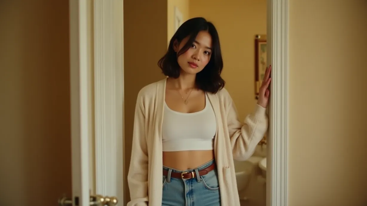 Image a balanced composition image of ,A sexy mid_adult asian 1girl, thirtynineyearold, with a nurturing expression and supportive gaze, stands at the bathroom door. Her shoulder-length dark hair has gentle waves and is neatly styled. She wears a comfortable cream-colored cardigan with a soft texture, and a delicate gold necklace with a simple design. Her slender physique suggests a maternal figure. She is dressed in high-waisted jeans with a light wash and a thin brown leather belt with a subtle buckle. Her casual appearance is marked by a relaxed posture and light-colored socks, ankle length. Her eyes are filled with a mix of sadness and determination. The warm-lit bathroom reveals a bathtub filled with warm water.,interior,in the day