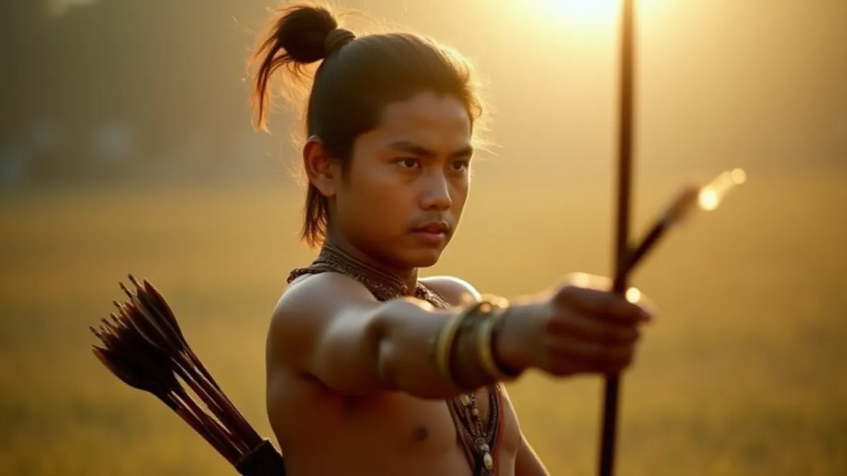 Image a center composition image of ,A sexy young_adult asian 1boy, muscular build, broad shoulders, dark hair styled in a warriors knot, determined expression, holds an arrow, his fingers gently touching the feather. His muscles in his arms are tense. He is wearing a gold-trimmed dhoti, and an ornate belt with weapon attachments, with a quiver of arrows. The backdrop is the morning sun.,exterior,in the day